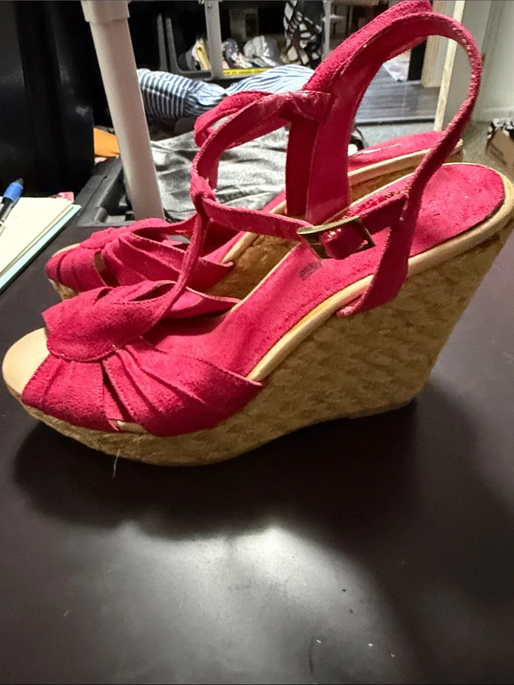 American Eagle Outfitters Hot Pink Suede T-Strap Wedge Sandals
